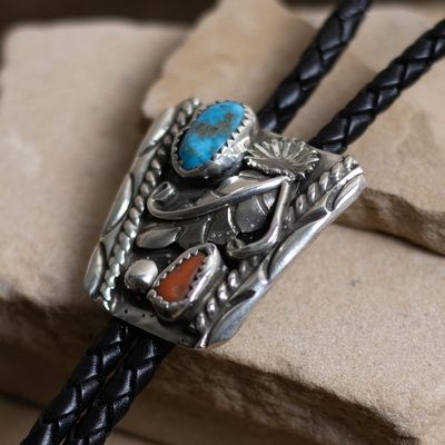 1970s Small Turquoise and Coral Traditional Design Bolo Tie