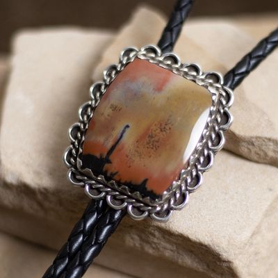 1970s Single Square Petrified Wood Stone Bolo Tie