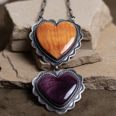 Double Drop Heart Necklace with Turquoise and Purple Spiny Oyster Shell