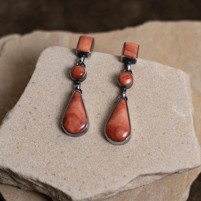 Orange Spiny Oyster Shell Three Stone Drop Earrings