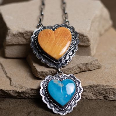 Double Drop Heart Necklace on Paperclip Style Chain