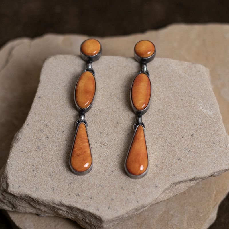 Orange Spiny Oyster Shell Three Stone Drop Dangle Earrings