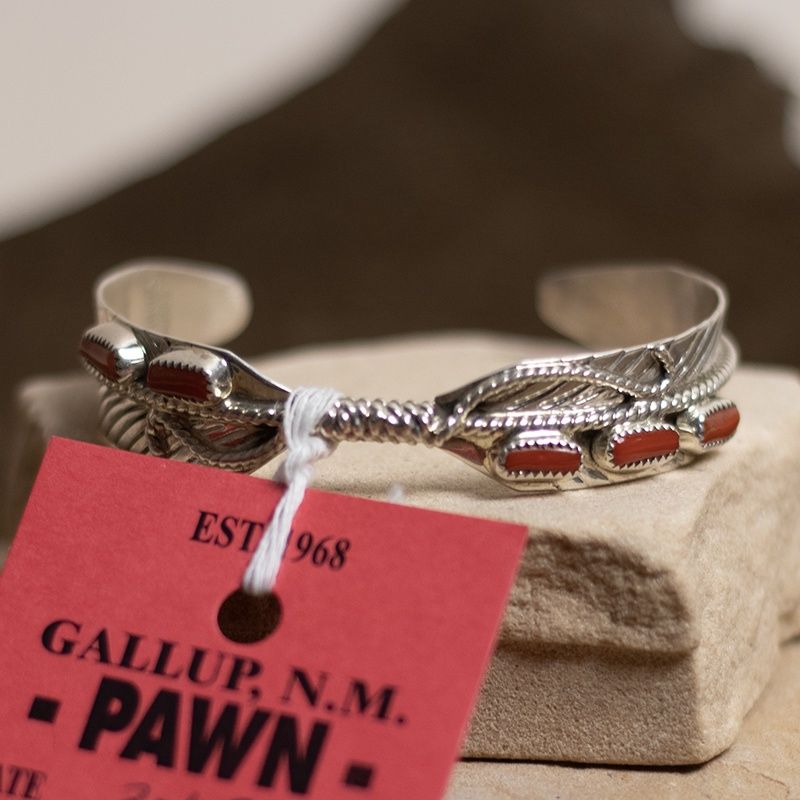 Sterling Silver and Coral Feather and Twist Wire Design Cuff Bracelet