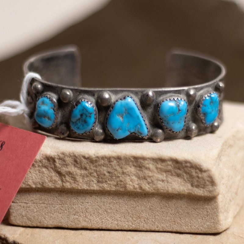 5 Stone Natural Dark Patina Turquoise and Silver Cuff