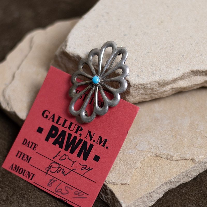 Sandcast Flower Shaped Sterling and Turquoise Pin