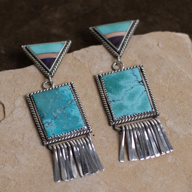 1990s Ray Tracey Triangle and Square Dangle Earrings with Fringe