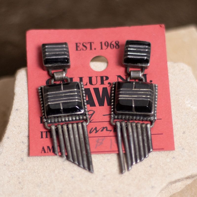 Black Jet Dangle Earrings with Natural Dark Patina Fringe