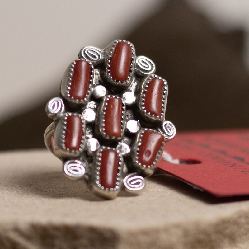 Pawn 7 Stone Coral and Sterling Silver Ring