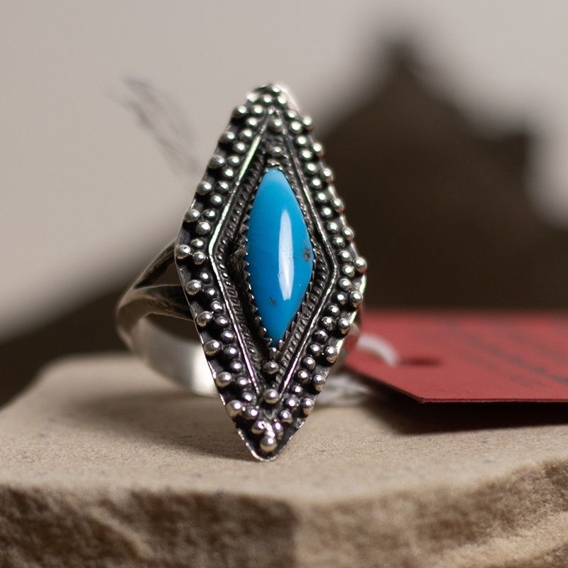 Marquis Turquoise and Silver Handstamped Ring