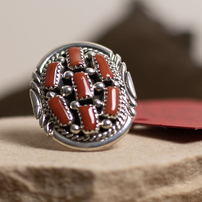 7 Coral Stone Twist Wire and Bead Detail Ring