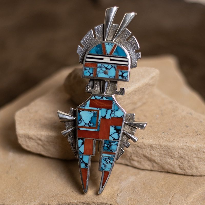 1990s Ray Tracey Turquoise and Coral Medicine Man Pin and Pendant