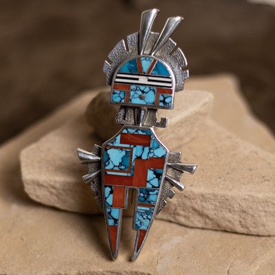 1990s Ray Tracey Turquoise and Coral Medicine Man Pin and Pendant