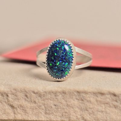 Oval dark green cultured opal ring w/ split wire shank