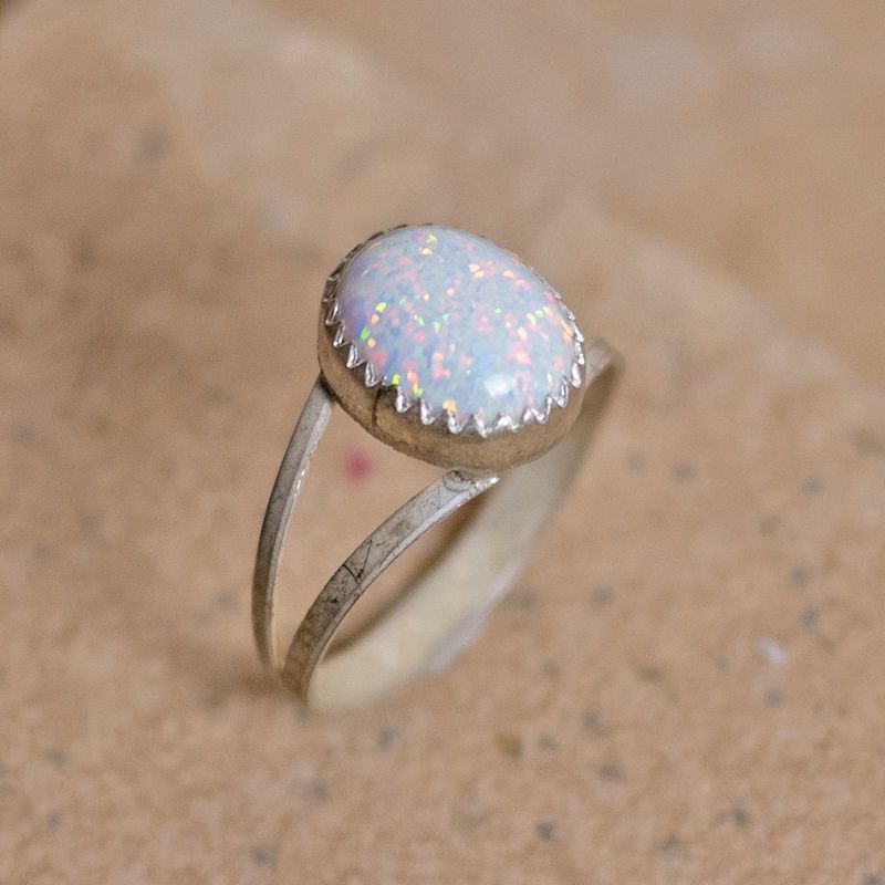 Oval white cultured opal ring w/ split wire shank