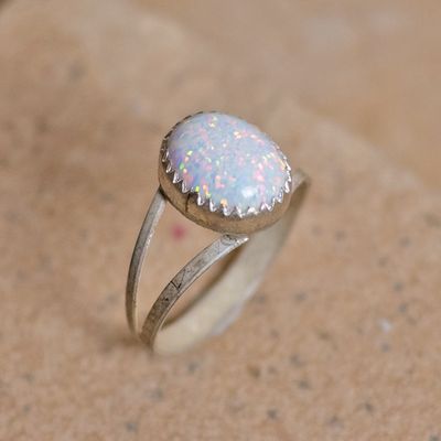 Oval white cultured opal ring w/ split wire shank