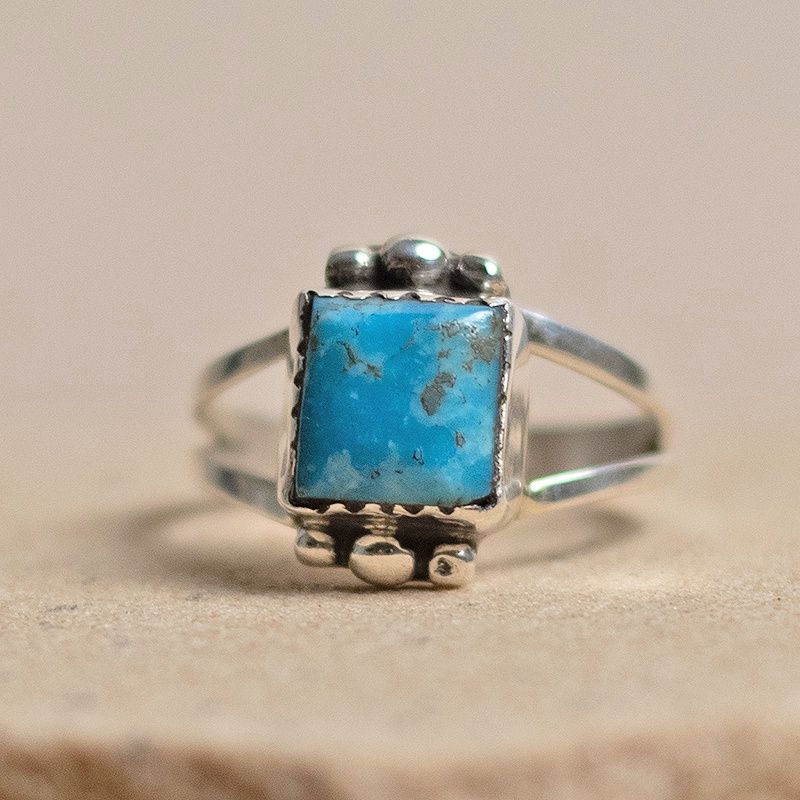 Small rectangular turquoise ring w/ bead accents