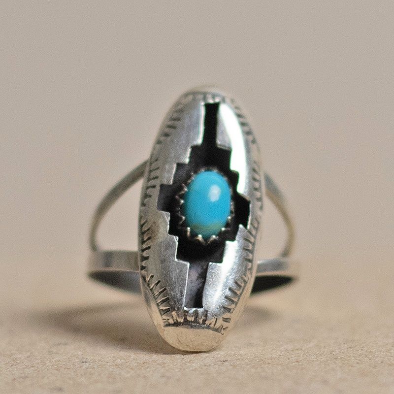 Small oval shadow box ring w/ turquoise