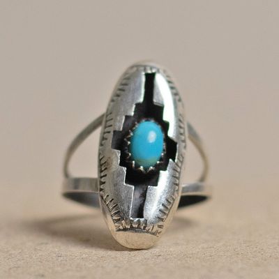 Small oval shadow box ring w/ turquoise