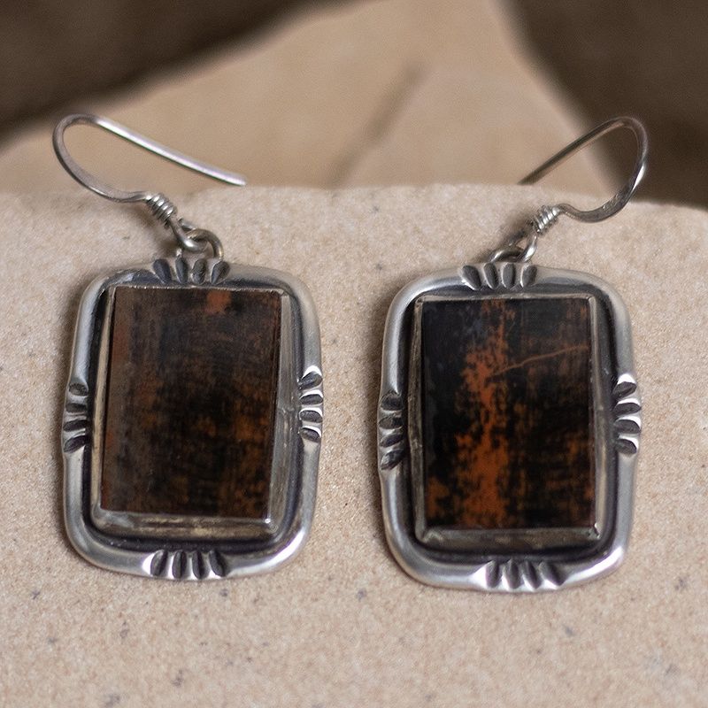 Rectangular dangle earrings w/ pertified wood