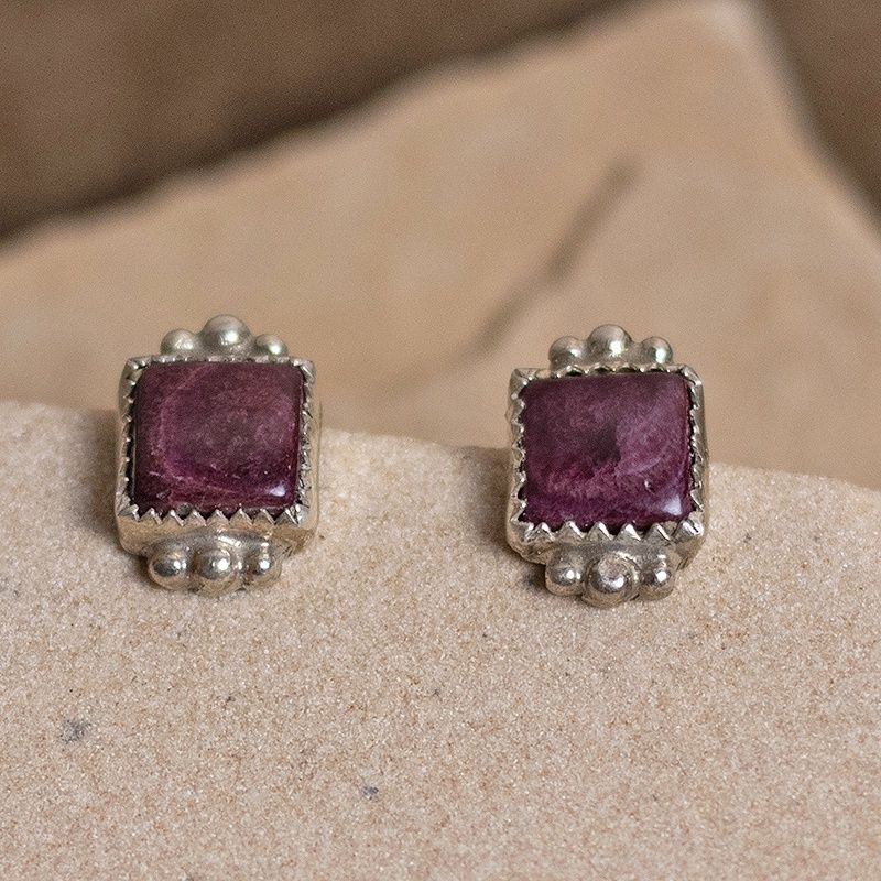 Small square purple spiny oyster shell earrings