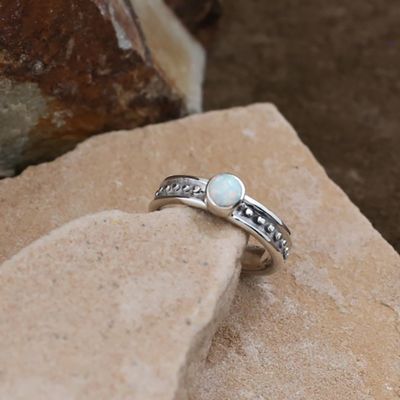 Thin silver ring w/ white cultured opal