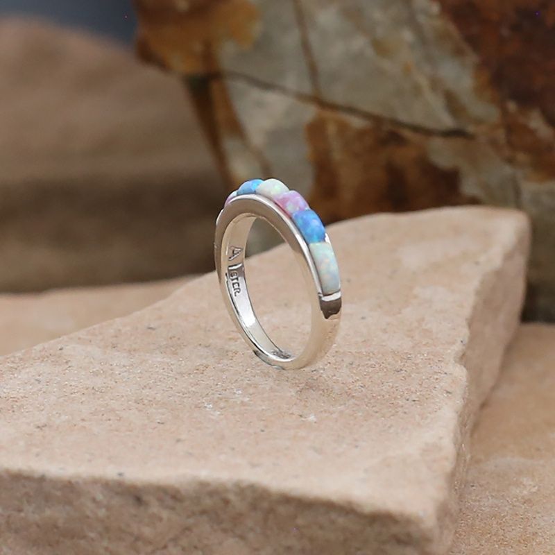 Thin multi-colored cultured opal stone ring