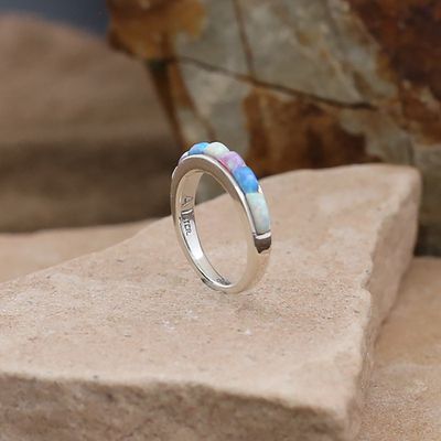 Thin multi-colored cultured opal stone ring