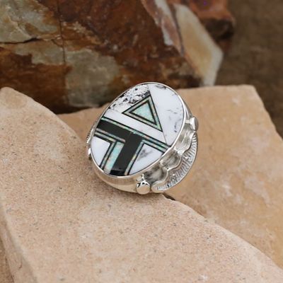 Large oval inlay ring with White Buffalo stone