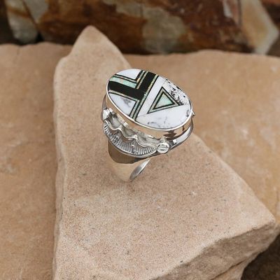 Large oval inlay ring with White Buffalo stone
