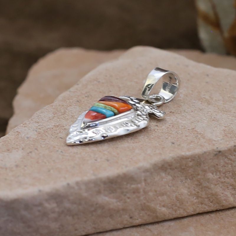 Silver arrow pendant w/ multi-color inlay