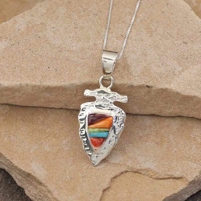 Silver arrow pendant w/ multi-color inlay
