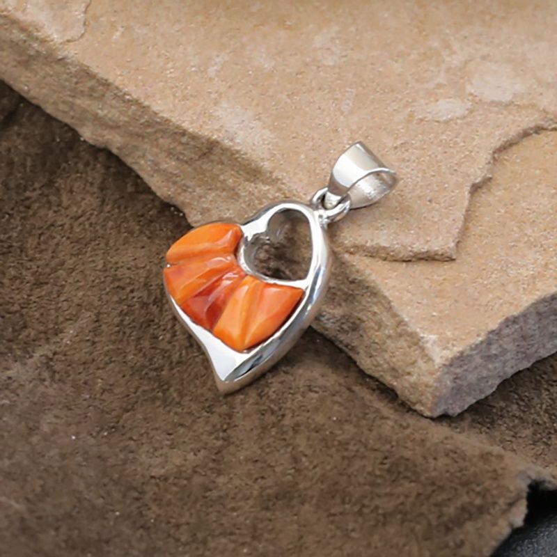 Double heart pendant w/ orange spiny oyster shell