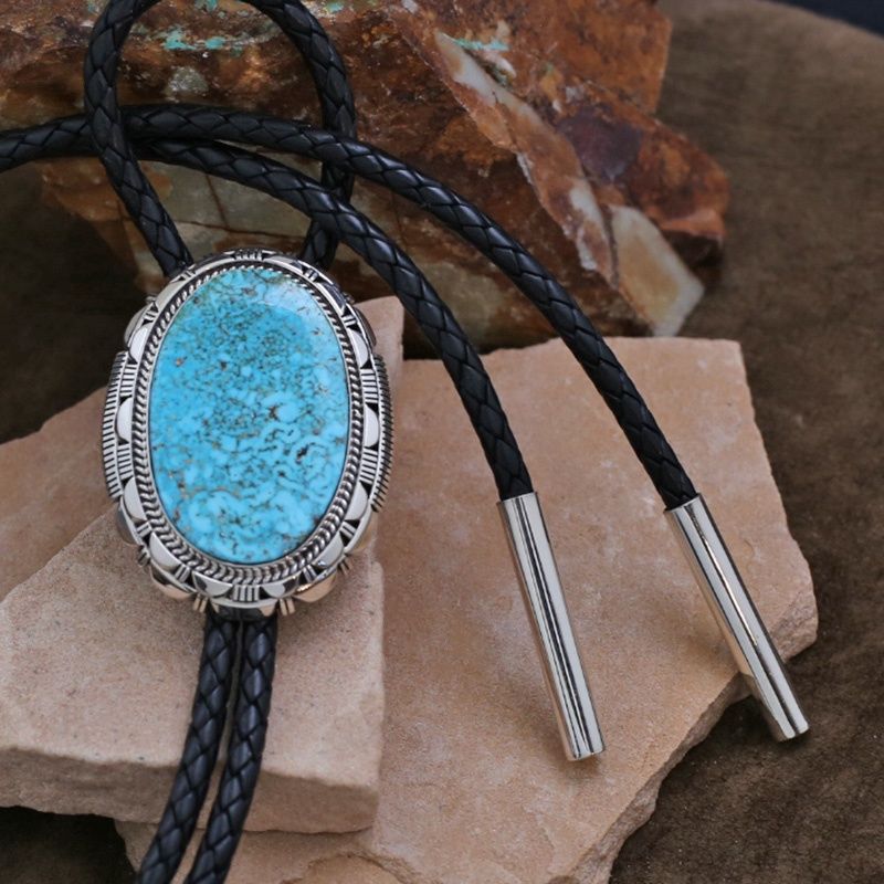 Large oval Kingman turquoise bolo tie