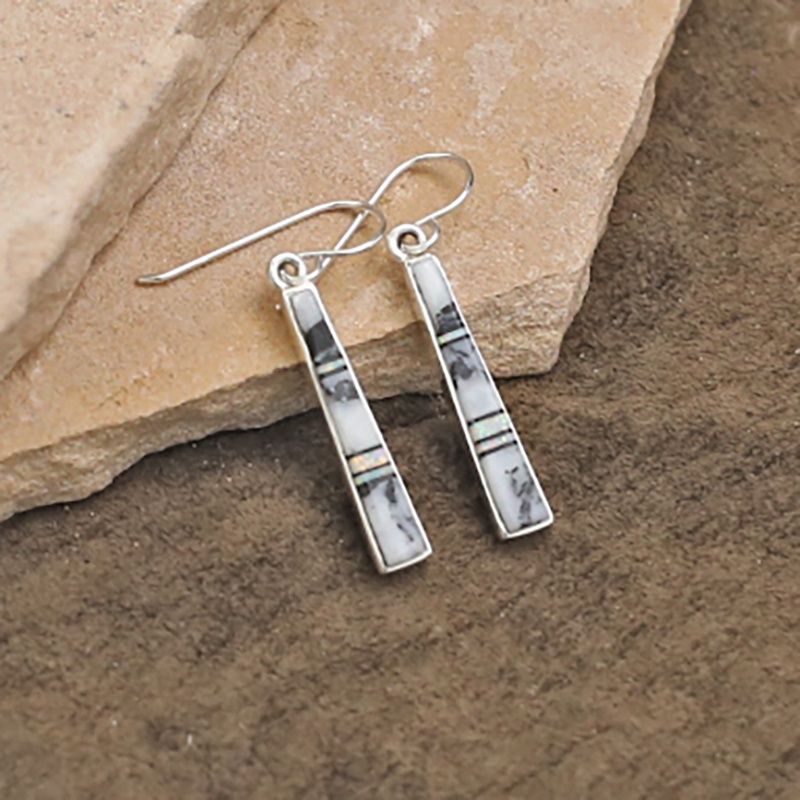 Dangle inlay thin earrings w/ White Buffalo stone