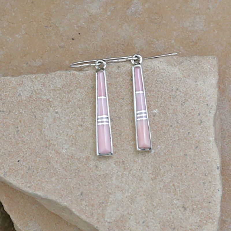 Thin inlay dangle earrings w/ Pink Conch shell