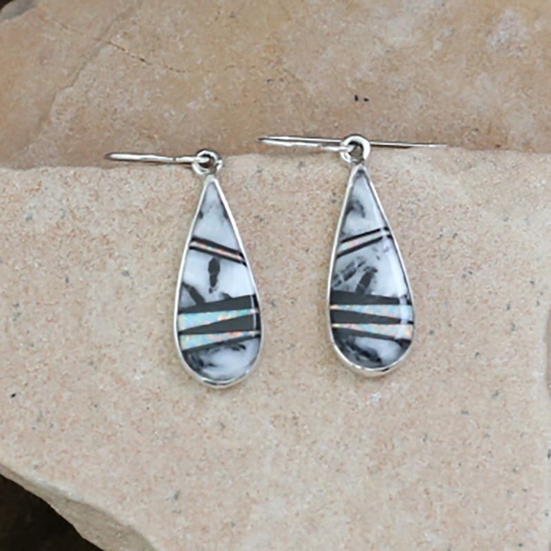 Tear drop shaped inlay earrings w/white buffalo stone