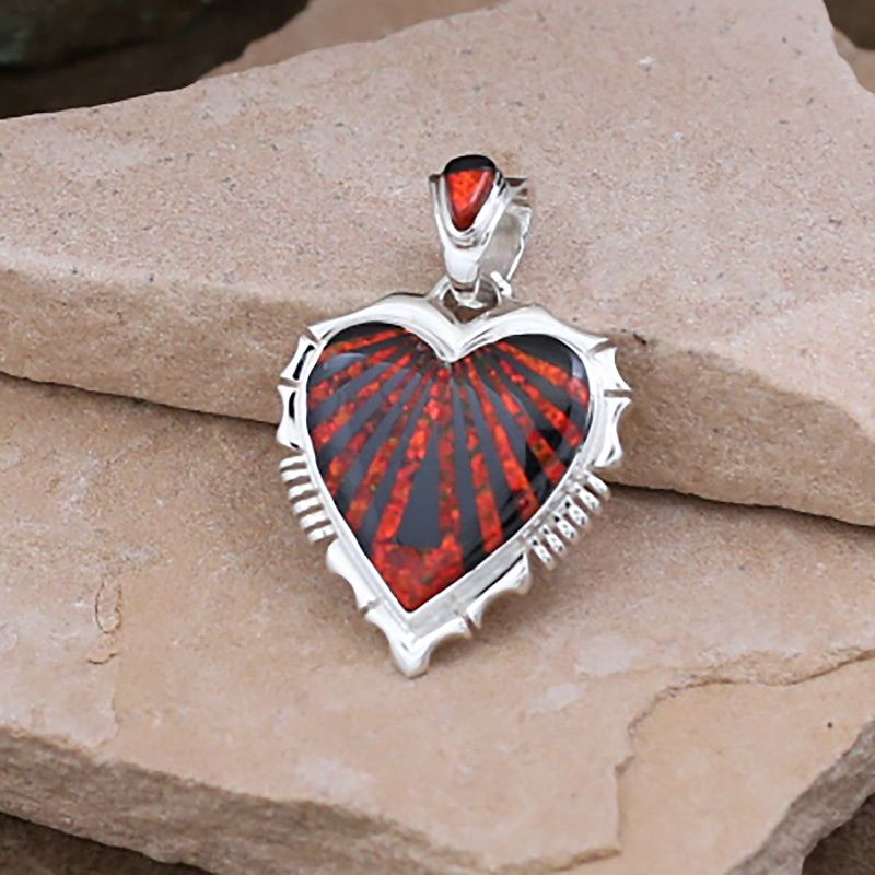 Heart pendant w/ red cultured opal &amp; black jet