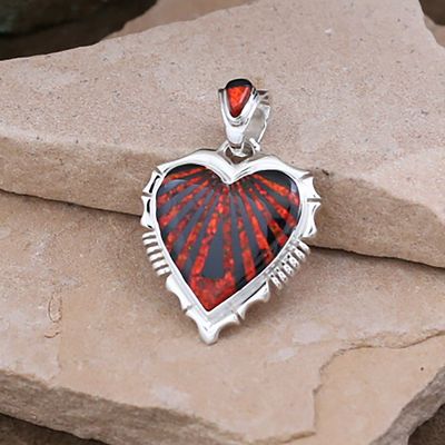 Heart pendant w/ red cultured opal &amp; black jet