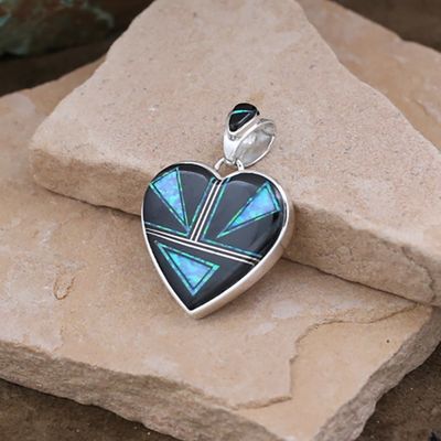 Heart pendant w/Black jet and cultured opal inlay