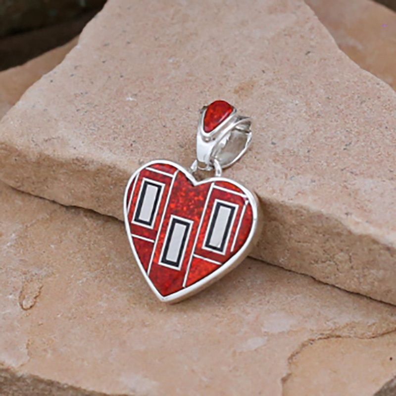 Heart pendant w/ red cultured opal &amp; silver inlay