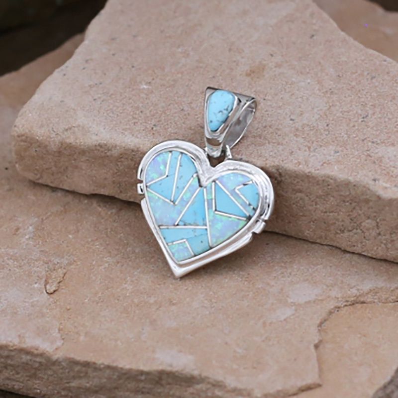 Heart pendant w/ inlay turquoise &amp; cultured opals