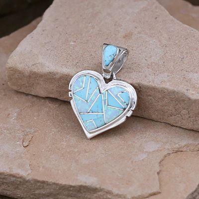 Heart pendant w/ inlay turquoise &amp; cultured opals