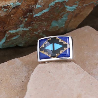 Large blue rug pattern ring - Marty Yazzie