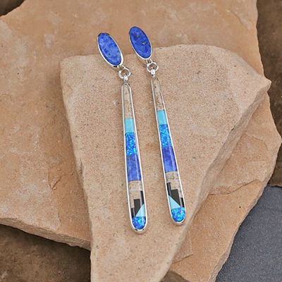Long thin rug pattern inlay earrings