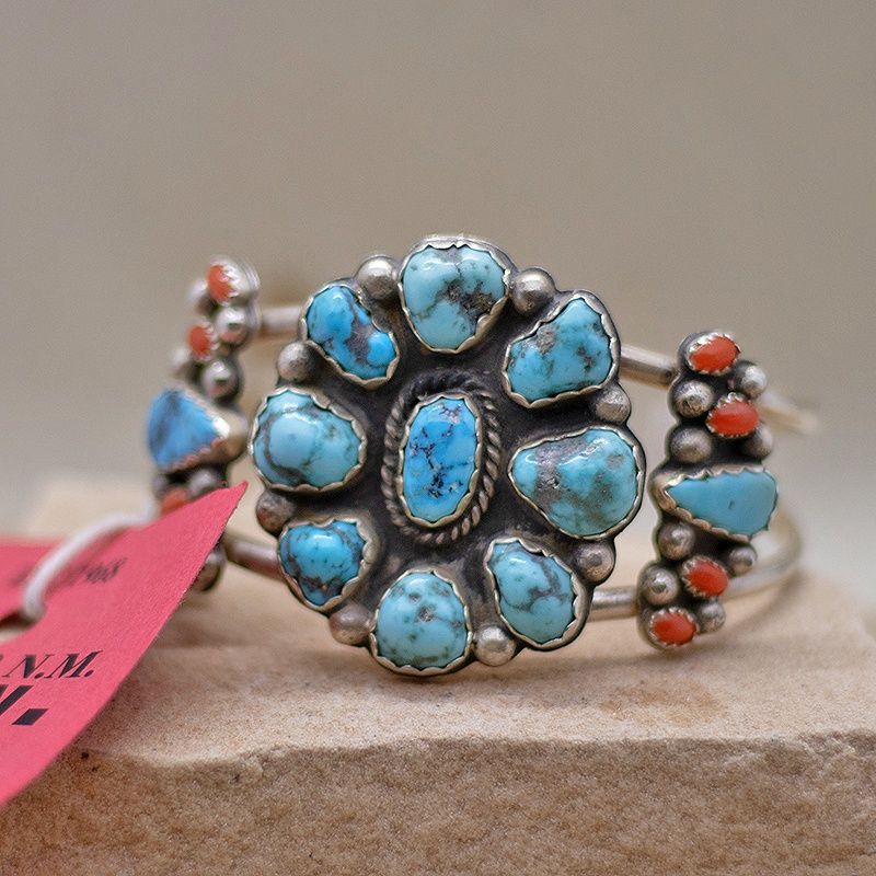 Navajo cluster turquoise &amp; coral bracelet-Pawn jewelry