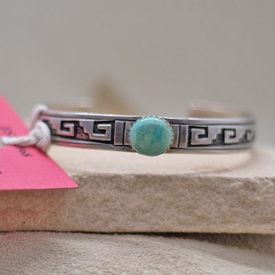 Narrow overlay Navajo bracelet w/green turquoise-Pawn Jewelry
