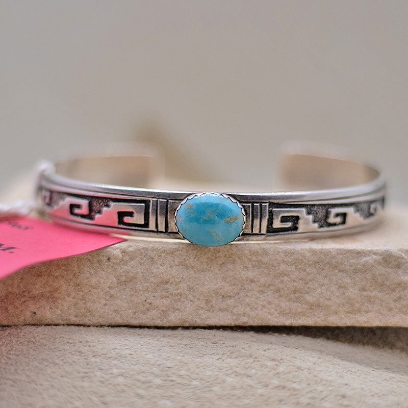 Narrow overlay Navajo bracelet w/ blue turquoise-Pawn Jewelry
