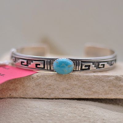 Narrow overlay Navajo bracelet w/ blue turquoise-Pawn Jewelry