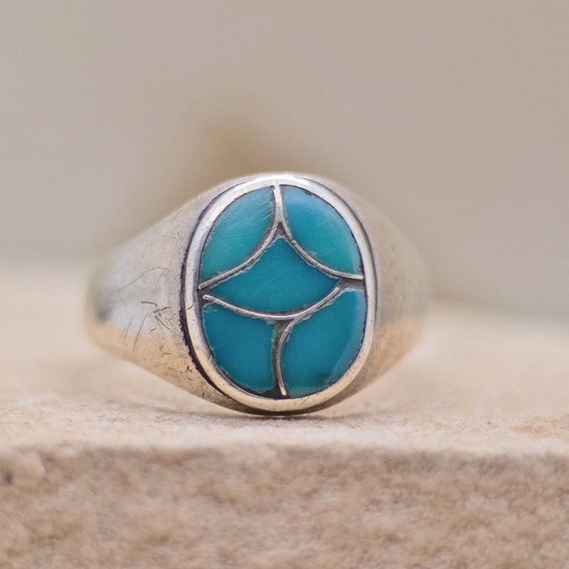 Small oval Zuni turquoise inlay ring-Pawn Jewelry