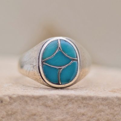 Small oval Zuni turquoise inlay ring-Pawn Jewelry